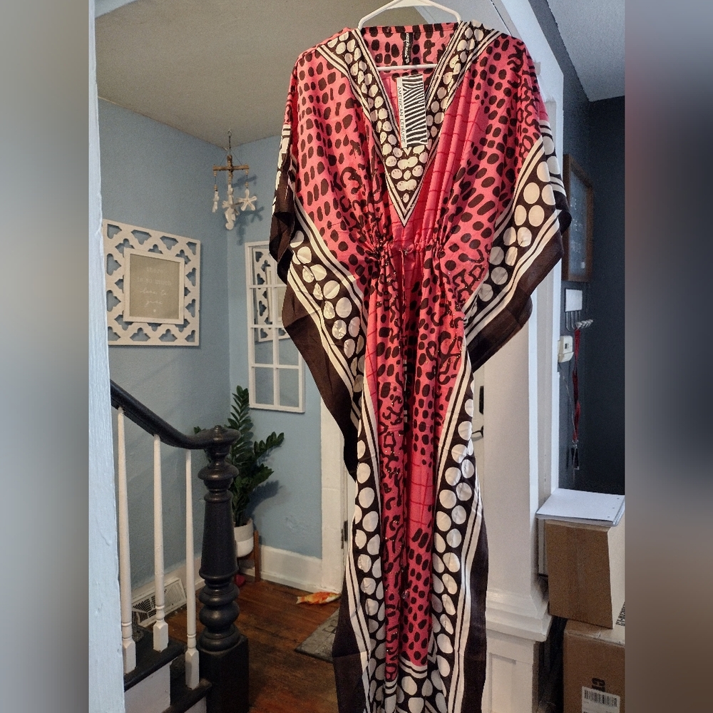 American Leisure Pink and Black Animal Patterned Kaftan, House Dress, MuMu